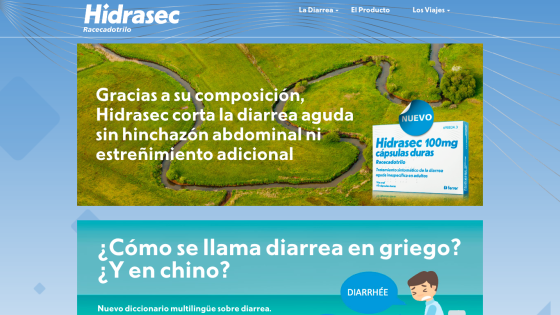 Hidrasec website showcasing product benefits and a question about diarrhea in different languages.