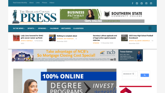 The Highland County Press homepage with news headlines, navigation menu, and advertisements for online degree programs and mortgage specials.