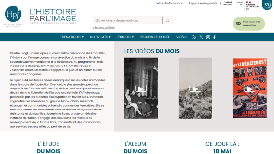 Homepage of L'Histoire par Image featuring monthly videos and historical content.