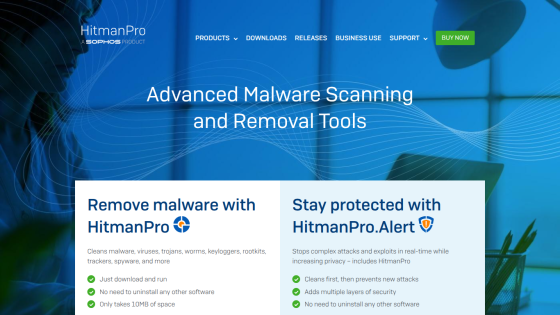 Advanced malware scanning and removal tools with key features listed.