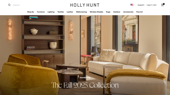 Holly Hunt website showcasing The Fall 2025 Collection with modern living room furniture and decor