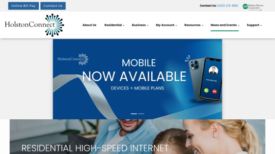 HolstonConnect homepage with navigation and hero banner announcing mobile devices and plans now available