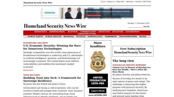 Homeland Security News Wire homepage with headlines on economic and tech security, navigation menus, and a free subscription offer.