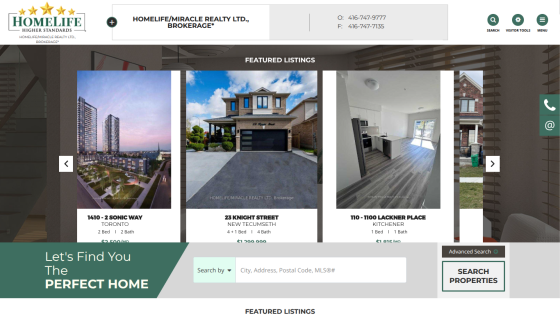 Real estate website homepage with featured property listings and a search bar to find homes.