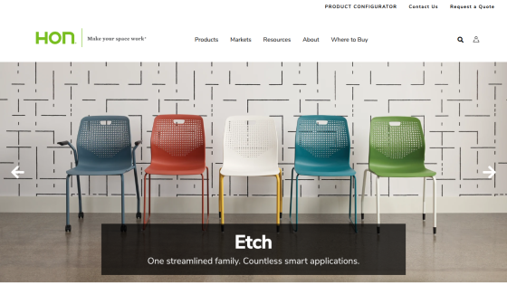 Homepage of HON featuring five colorful chairs in a row with headline 'Etch' and subtext about streamlined family and countless applications