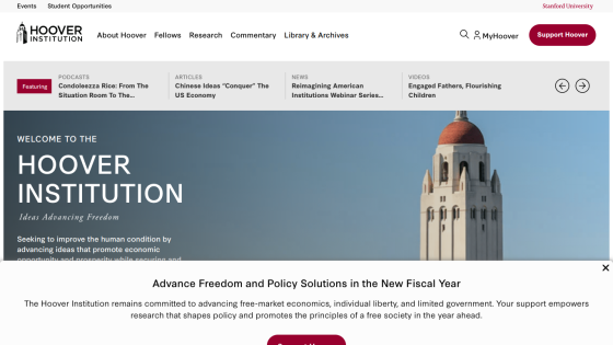 Hoover Institution homepage featuring a welcome message and mission statement.