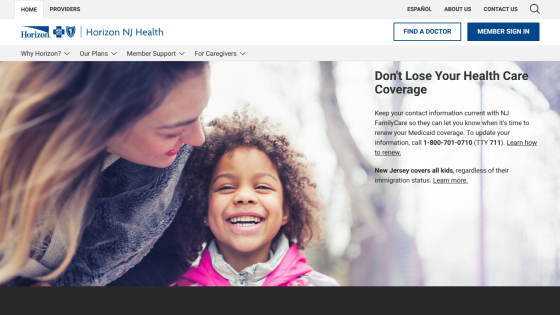 Horizon NJ Health homepage with health coverage renewal info and smiling child with adult.