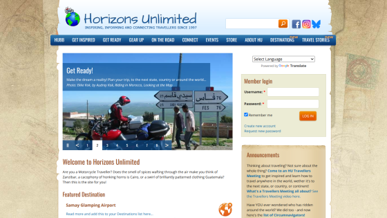Homepage of Horizons Unlimited featuring travel preparation resources and a welcome message.