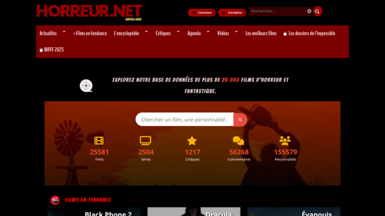 Horreur.net horror and fantasy film database with search bar and statistics on films, series, reviews, comments, and personalities.