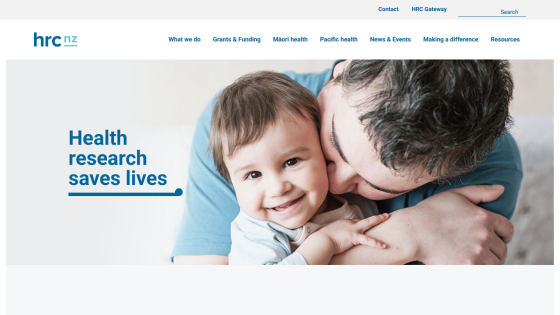 Website header with a tagline about health research and an image of a parent with a child.