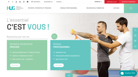 Hospital Geneva homepage with navigation and sections for patients, professionals, and research, showing a doctor talking to a patient