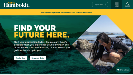 Homepage promoting application for College Humboldt with a scenic background.