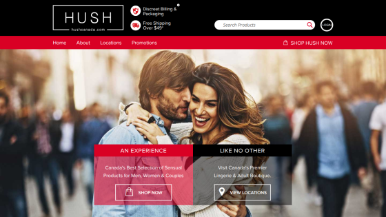 HUSH website featuring a couple, with navigation and promotional sections for products and experiences.
