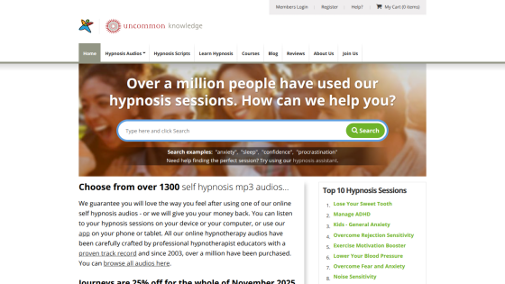 Hypnosis website offering over 1300 self hypnosis mp3 audios with a search bar and top 10 hypnosis sessions listed