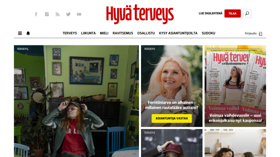 Health website Hyvä terveys with articles on ferritin levels, special issue magazine, and health topics