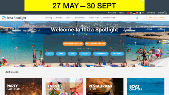 Homepage of Ibiza Spotlight featuring a welcome message and navigation options for events and activities.