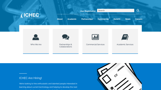 ICHEC homepage with navigation links, user registration, search bar, and hiring announcement