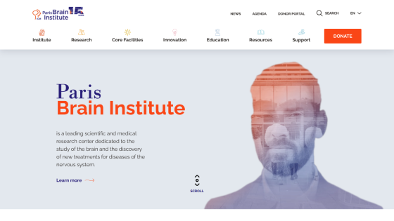 Paris Brain Institute homepage with navigation menu and hero text about brain research and treatments