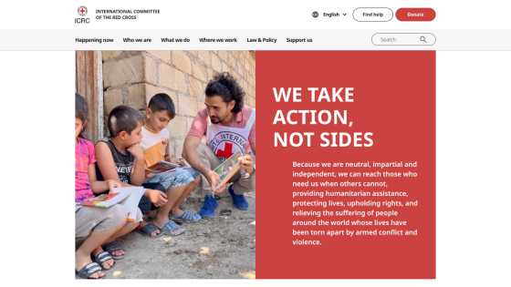 Homepage of the ICRC featuring a call to action about humanitarian assistance.