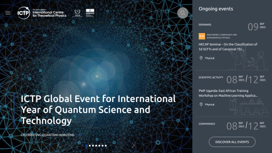 ICTP Global Event for International Year of Quantum Science and Technology with ongoing events listed.