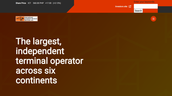 Homepage of International Container Terminal Services highlighting largest independent terminal operator across six continents