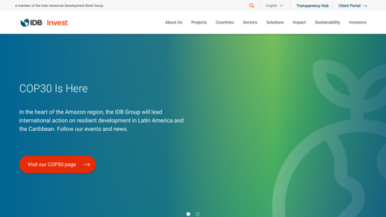 IDB Invest homepage highlighting COP30 event and international action on resilient development in Latin America and the Caribbean