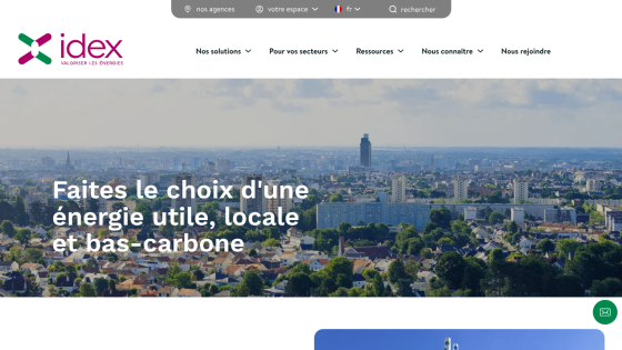 Energy company homepage offering useful, local, low-carbon energy with cityscape background