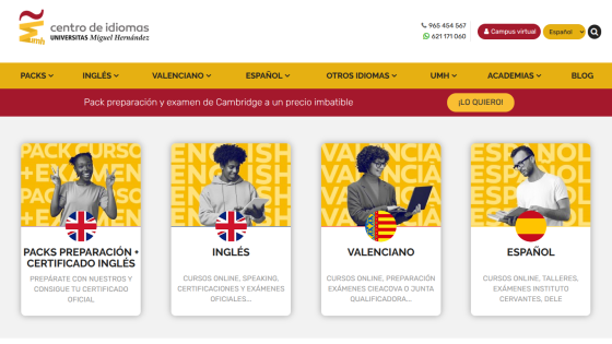 Language courses offered: English, Valenciano, and Spanish with certification details.