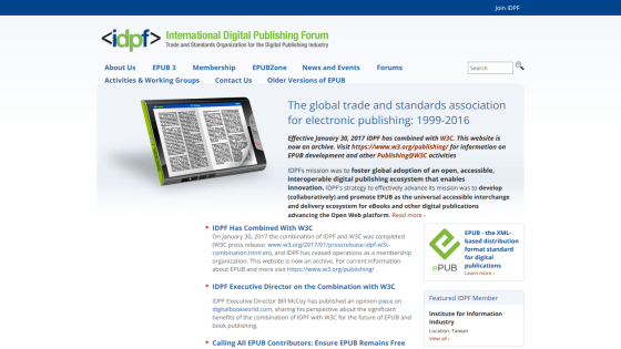 Homepage of the International Digital Publishing Forum with a tablet image and key information.