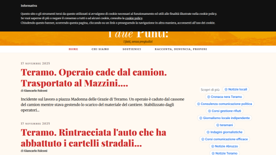 Italian news site with headlines about incidents in Teramo on November 17, 2025, including a worker falling from a truck and a car hitting road signs.