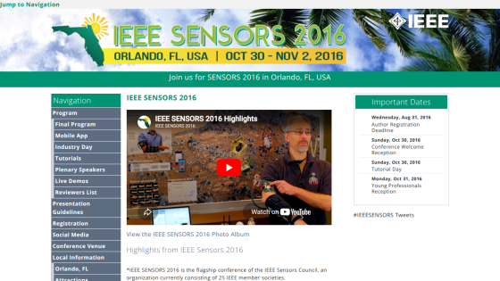 IEEE Sensors 2016 conference page with navigation and video highlights.