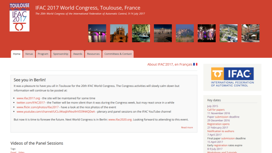 Information about the IFAC 2017 World Congress in Toulouse, France, with session details.