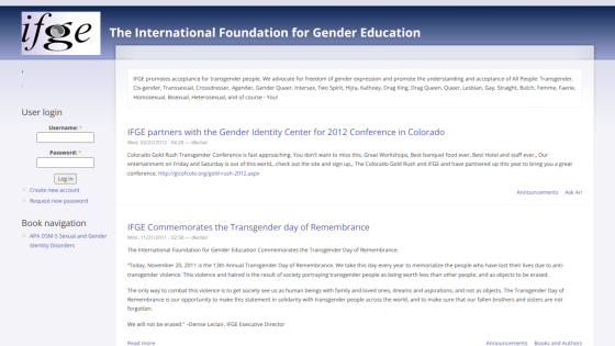 The International Foundation for Gender Education homepage with user login, announcements about transgender events and advocacy.