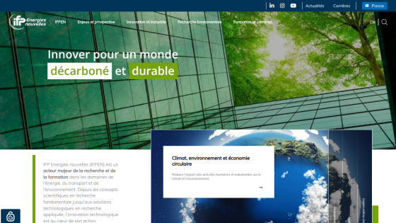 IFP Energies nouvelles homepage with a green glass building and tree background, highlighting innovation for a decarbonized and sustainable world
