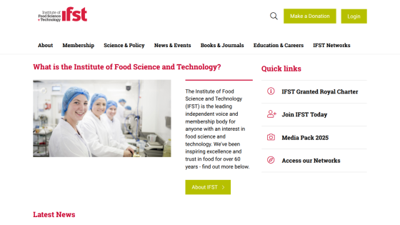 Institute of Food Science and Technology homepage with navigation, introduction to IFST, and quick links.