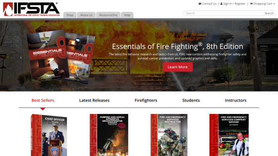 IFSTA homepage featuring Essentials of Fire Fighting 8th Edition with navigation and best sellers