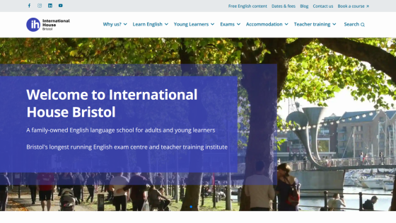 Welcome message for International House Bristol, highlighting language courses for adults and young learners.