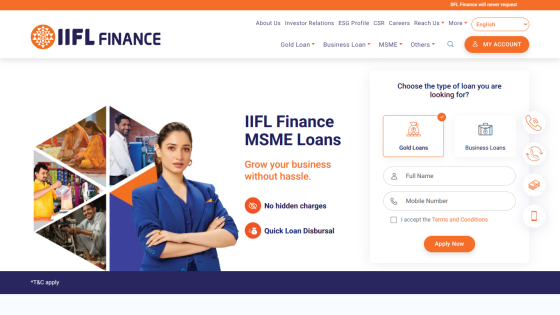 IIFL Finance homepage promoting MSME loans with a form for user details.
