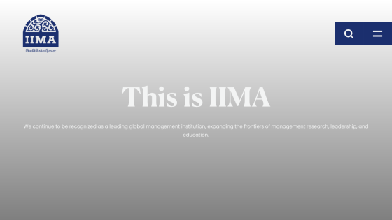 IIMA website header with navigation and hero text stating leadership in management research and education