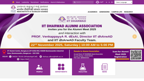 IIT Dharwad Alumni Association invites for Alumni Meet 2025 with details and navigation for people, departments, facilities, and news