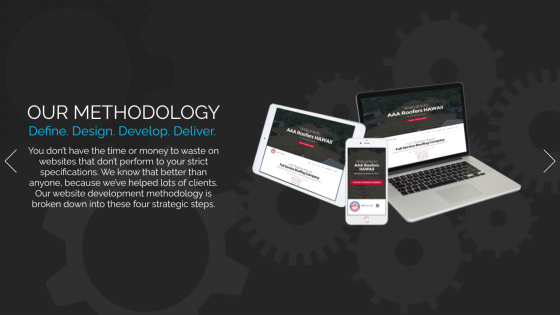 Section describing a website development methodology with four strategic steps and images of devices showing a roofing company website