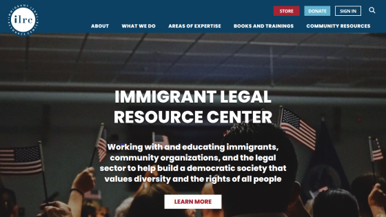 Homepage of the Immigrant Legal Resource Center with a call to action to learn more.