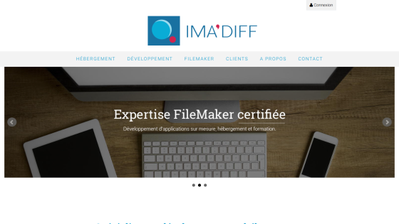 IMA'DIFF website with navigation menu and hero section highlighting certified FileMaker expertise and custom application development
