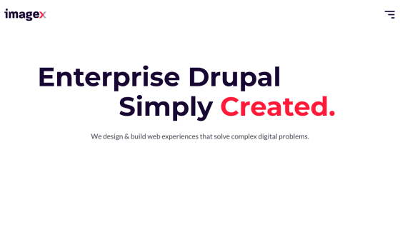 Homepage of Imagemx featuring 'Enterprise Drupal Simply Created' tagline and description.