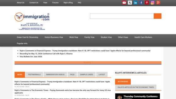 Immigration law website featuring navigation links and popular info section.