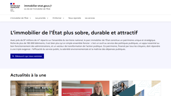 French government real estate site promoting sustainable, efficient public property management with key stats and a call-to-action button.