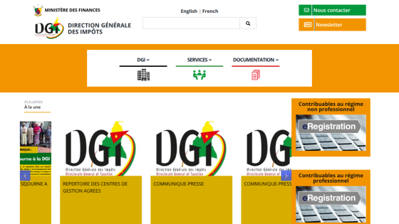 Ministère des Finances DGI homepage with navigation, news highlights, and eRegistration links for taxpayers