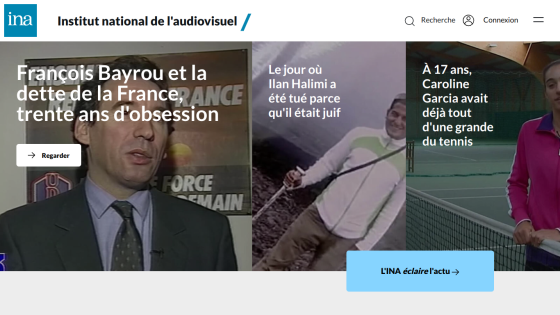 Homepage of Institut national de l'audiovisuel featuring news articles and images.