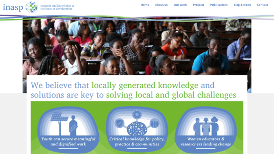INASP website with navigation links and a banner stating belief in locally generated knowledge solving local and global challenges