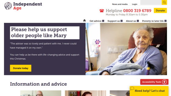 Charity website supporting older people with advice and donation options, featuring a senior woman and helpline info